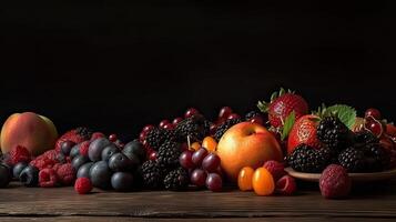 Set of fresh berries and fruits on a dark background. Side view. . photo