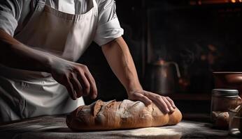 Baker in the kitchen with toasted bread on dark background. . photo