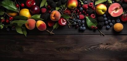 Set of fresh berries and fruits on a dark wodden background. Top view. . photo