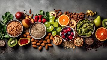 sano comiendo limpiar comiendo opciones frutas, verduras, semillas, superalimentos, cereales, frondoso vegetales en un gris hormigón antecedentes. parte superior vista. generativo ai. foto