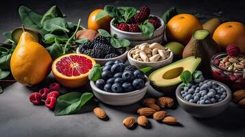 Healthy eating clean eating choices fruits, seeds, berries, leafy vegetables on a gray concrete background. Side view. . photo