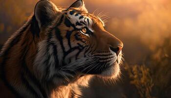 Tiger Portrait in the morning sun in nature. Side view. . photo