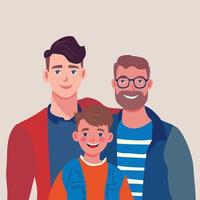 Male gay couple adopting baby. Two happy young men and child flat vector illustration. LGBT family, parenthood, child care concept