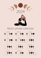 Moon phases calendar 2024 with a girl doing yoga. Waning gibbous, Waxing crescent, New moon, Full moon with dates. vector