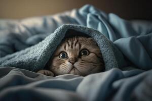 Kitten under a blanket. The cat is resting warm under the plaid. . photo