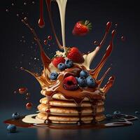 Stack of pancakes topped with honey caramel syrup with berries. photo