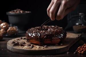 Baker in the kitchen with a cooked chocolate doughnut on a dark background. . photo