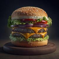 Fresco sabroso hamburguesa. grande hamburguesa con queso con carne empanada, queso y vegetales. generativo ai. foto