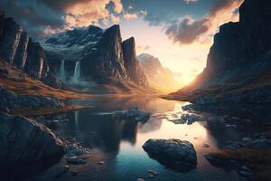 Fantasy art of mountain valley with lake, perfect spring sunset landscape. Epic mountain, stunning sunset and lights. photo