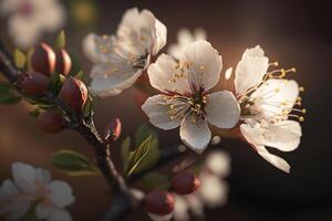 Spring blossom. Beautiful flowers blooming tree branch. Fresh spring branches of tree with flowers, natural floral seasonal easter background. Greenery springtime close up. Sunshine. . photo