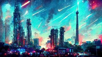 Cyberpunk city street. Sci-fi wallpaper. Futuristic city scene in a style of pixel art. Urban scene. . photo