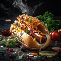 Hot dog with fried sausage, vegetables and sauce on a dark background. Side view. . photo