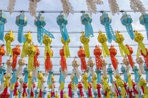 colorful hanging lanterns lighting in loy krathong festival at northern of thailand photo