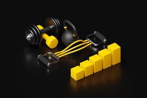 3D illustration, black dumbbells, kettlebells,  against the background of a growth graph on a black background. photo