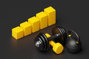 3D illustration, black dumbbells, kettlebells,  against the background of a growth graph on a black background. photo