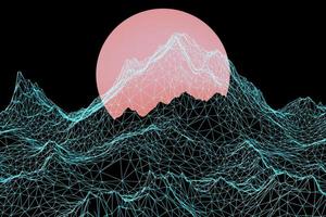 3d rendering, Virtual reality, road from geometric lines between the mountains to the setting sun.Design in the style of the 80s.  Futuristic synthesizer retro wave illustration photo