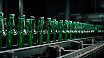 Green glass beer drink alcohol bottles, brewery conveyor, modern production line. photo