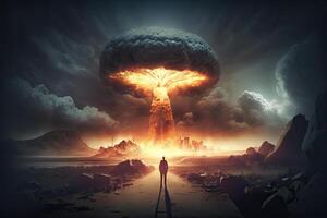 Día del Juicio Final ilustración. un hombre mira a un nuclear explosión en contra el fondo de un destruido ciudad. generativo ai. foto