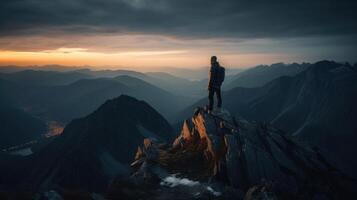 Silhouette of a person standing on a mountain with cinematic lighting during sunrise after hiking. . photo