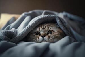 Kitten under a blanket. The cat is resting warm under the plaid. . photo