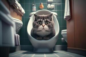 Cute cat with big eyes sits on the toilet in the bathroom. . photo