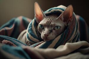 Kitten under a blanket. The cat is resting warm under the plaid. . photo