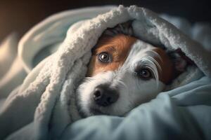 A young Jack Russell Terrier dog under a blanket. The pet is basking under the plaid. The concept of caring for pets. . photo