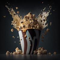 Paper cup with splashing delicious popcorn with caramel and chocolate . photo