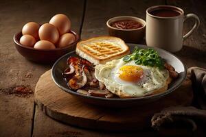 English breakfast with fried eggs, bacon and toast. . photo