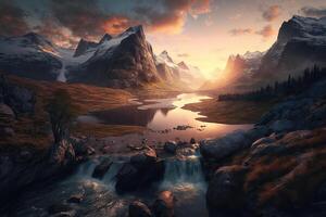 fantasía Arte de montaña Valle con lago, Perfecto primavera puesta de sol paisaje. épico montaña, maravilloso puesta de sol y luces. generativo ai foto