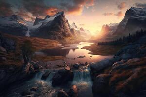 Fantasy art of mountain valley with lake, perfect spring sunset landscape. Epic mountain, stunning sunset and lights. photo