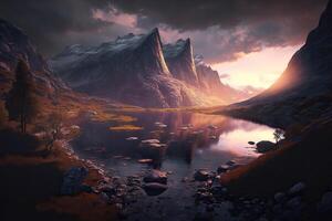 Fantasy art of mountain valley with lake, perfect spring sunset landscape. Epic mountain, stunning sunset and lights. photo