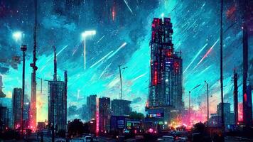 Cyberpunk city street. Sci-fi wallpaper. Futuristic city scene in a style of pixel art. Urban scene. . photo