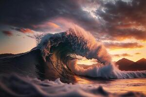 Ocean wave crashing at sunset. Stunning sunset on the sea. photo