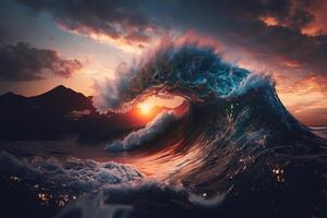 Ocean wave crashing at sunset. Stunning sunset on the sea. photo