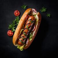 Hot dog with fried sausage, vegetables and sauce on a dark background. Top view. . photo