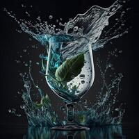 Splash of water in a glass of clean water with green leaves. The concept of natural clean water. . photo