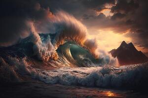 Ocean wave crashing at sunset. Stunning sunset on the sea. photo