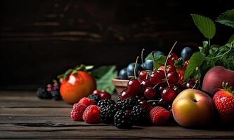 Set of fresh berries and fruits on a dark background. Side view. . photo