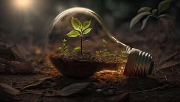 Green energy and a bright future. Light bulb in soil, concept of green energy. . photo