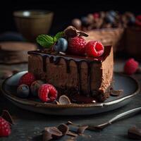 Piece of Chocolate cheesecake with fresh raspberries, blueberries and chocolate. photo