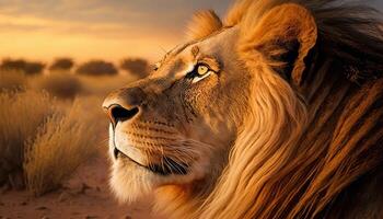 Portrait of a Lion in the morning sunlight in the African savannah. Side view. . photo