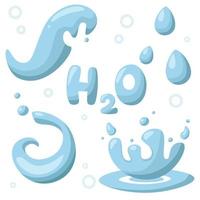 Drops of water. Vector set of icons of flowing drops, waves, tears, splashes, splashes of nature isolated on white background. Dripping liquid. Water spill. Aqua drop element.