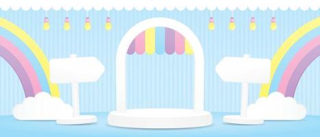 cute arch display stand with colorful pastel awning and rainbow and white signboard on blue floor and wall 3d illustration vector for putting object in kawaii style