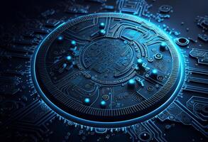 Circuit board futuristic technology background. blue 3d rendering toned image photo