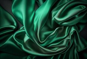 Green satin fabric background close up. Luxurious background design. photo