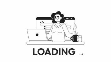 Animated bw writing code loader. Work life balance. Flash message 4K video footage. Monochrome isolated loading wait-animation progress indicator with alpha channel transparency for UI, UX web design