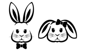 Vector illustration of a black and white rabbit couple wearing ties , A cute collection of rabbit faces with Easter-themed graphics is shown on a white backdrop.