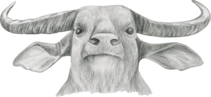 svartvit grafisk teckning av en buffel tjur med stor horn png