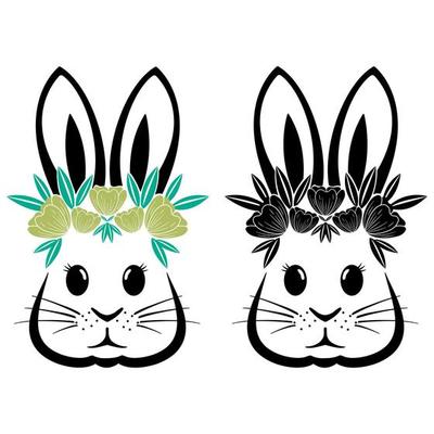 Rabbit with flowers and Easter bunny ears Illustration in black and white vector file.